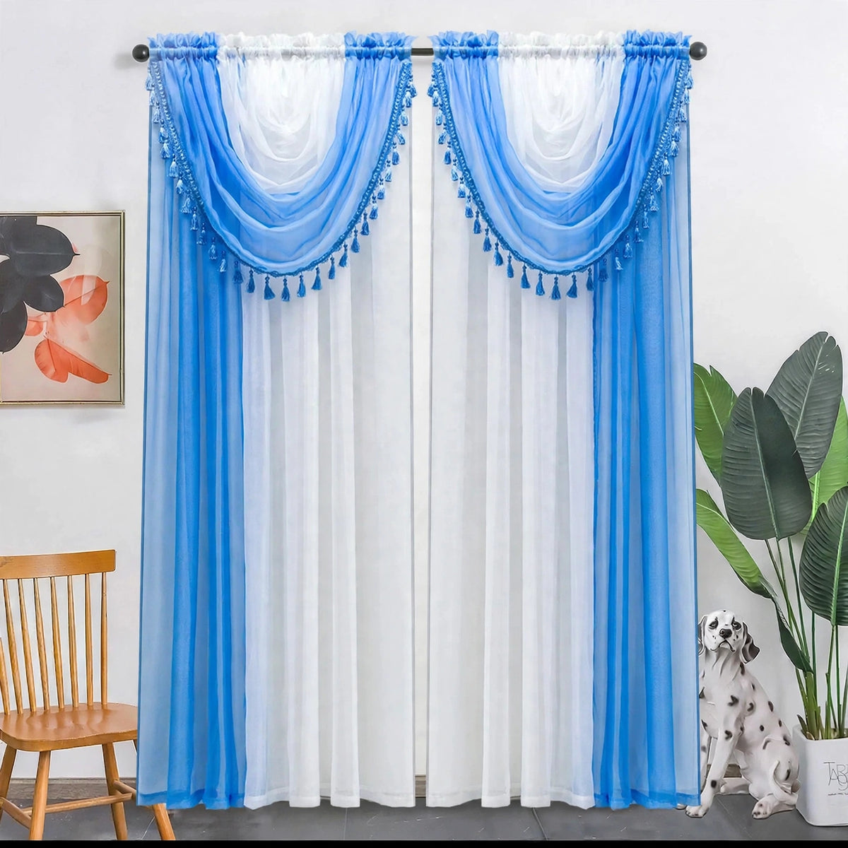 Ensemble de 2 rideaux voilage ombré avec cantonnière drapée – 54× 84 po