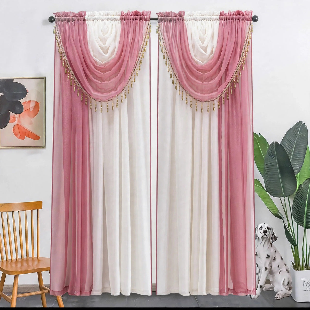 Ensemble de 2 rideaux voilage ombré avec cantonnière drapée – 54× 84 po