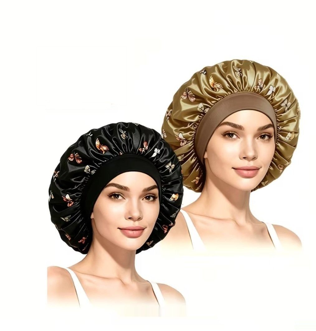 Lot de 2 bonnets de nuit en satin — motifs papillons