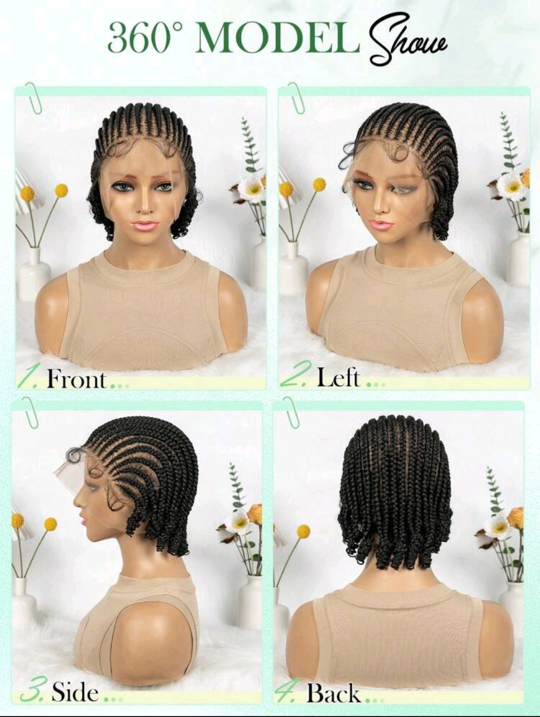 Perruque tressé prête à porter, en dentelle frontale HD transparent avec bonnet en maille respirant et réglable. Longueur "8 inch