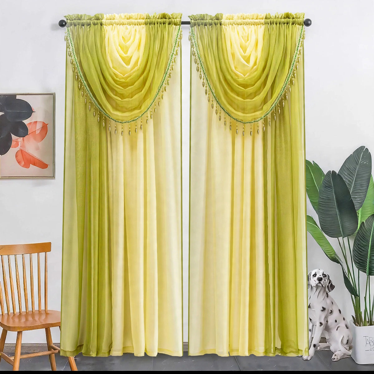 Ensemble de 2 rideaux voilage ombré avec cantonnière drapée – 54× 84 po
