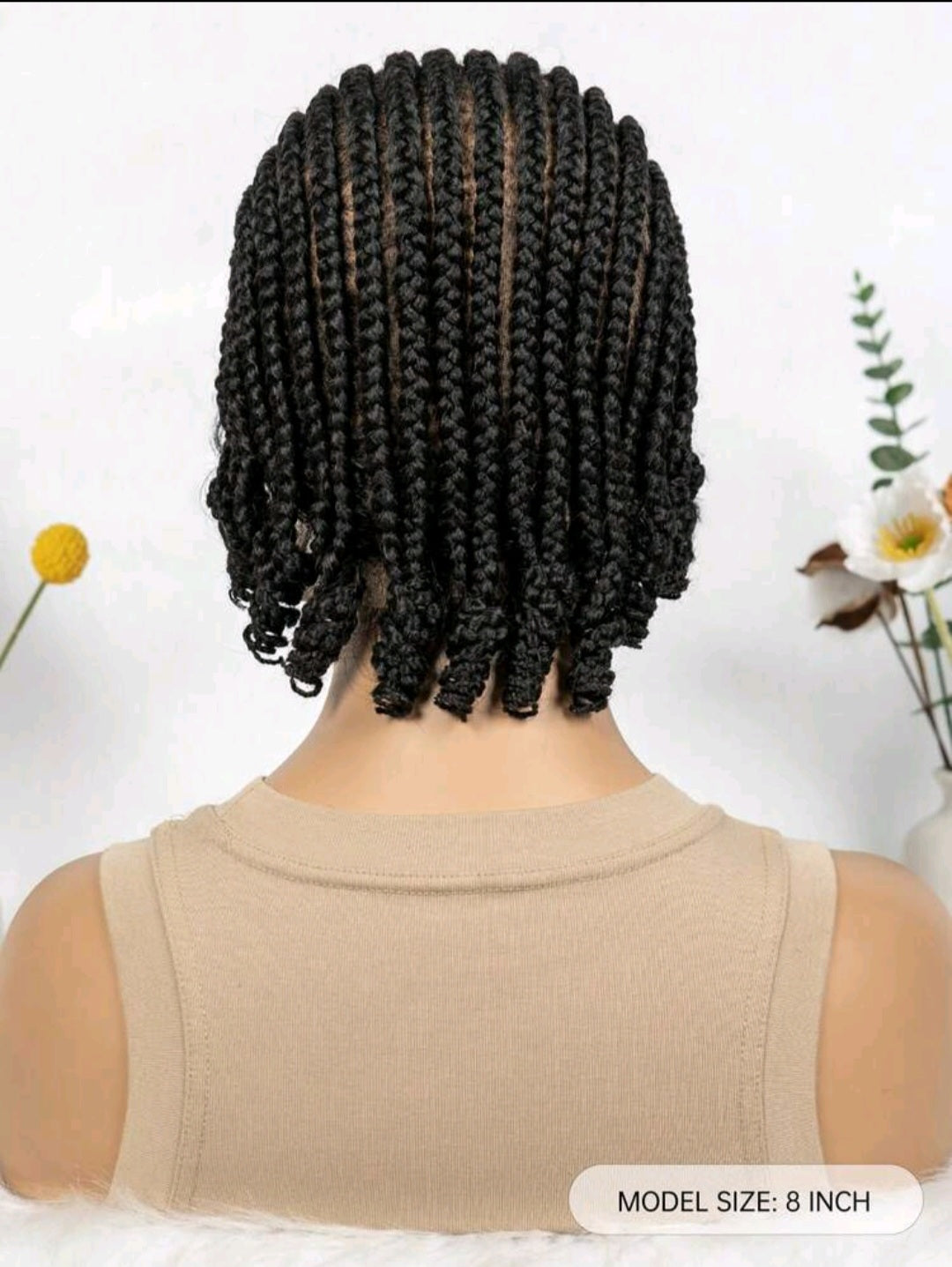 Perruque tressé prête à porter, en dentelle frontale HD transparent avec bonnet en maille respirant et réglable. Longueur "8 inch