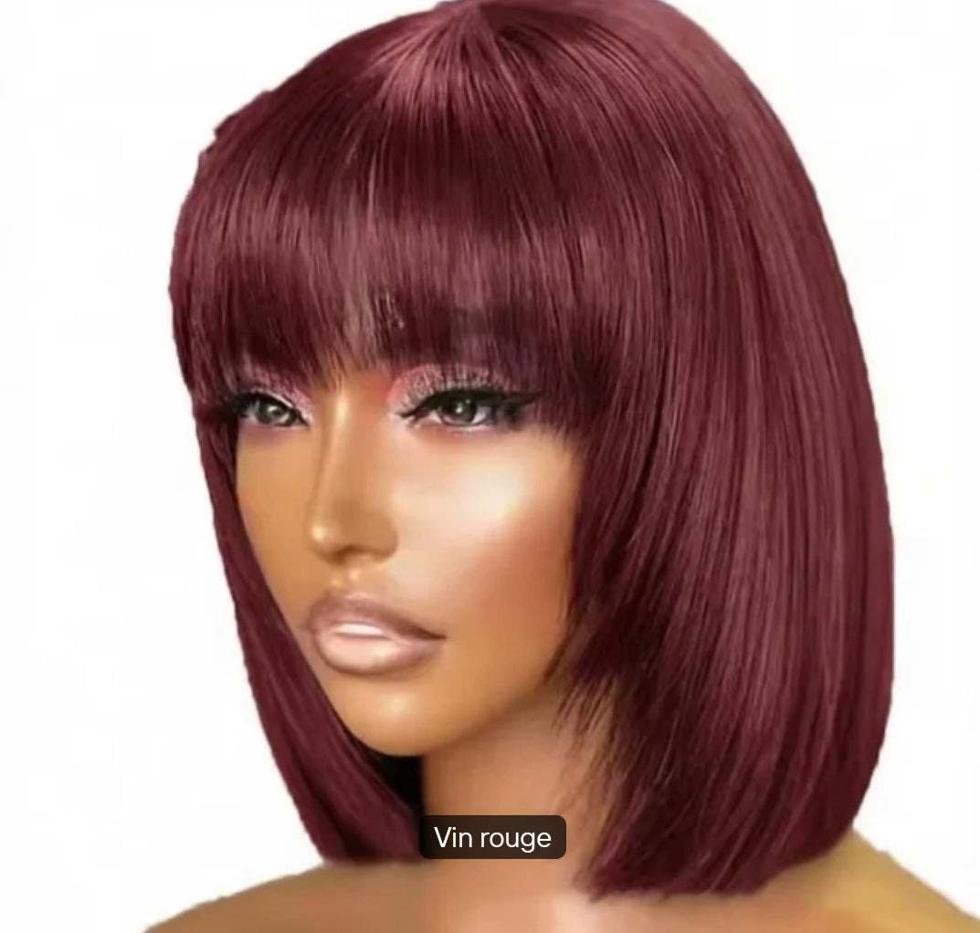 Perruque synthétique avec frange couleur vin rouge longueur 10" pouce