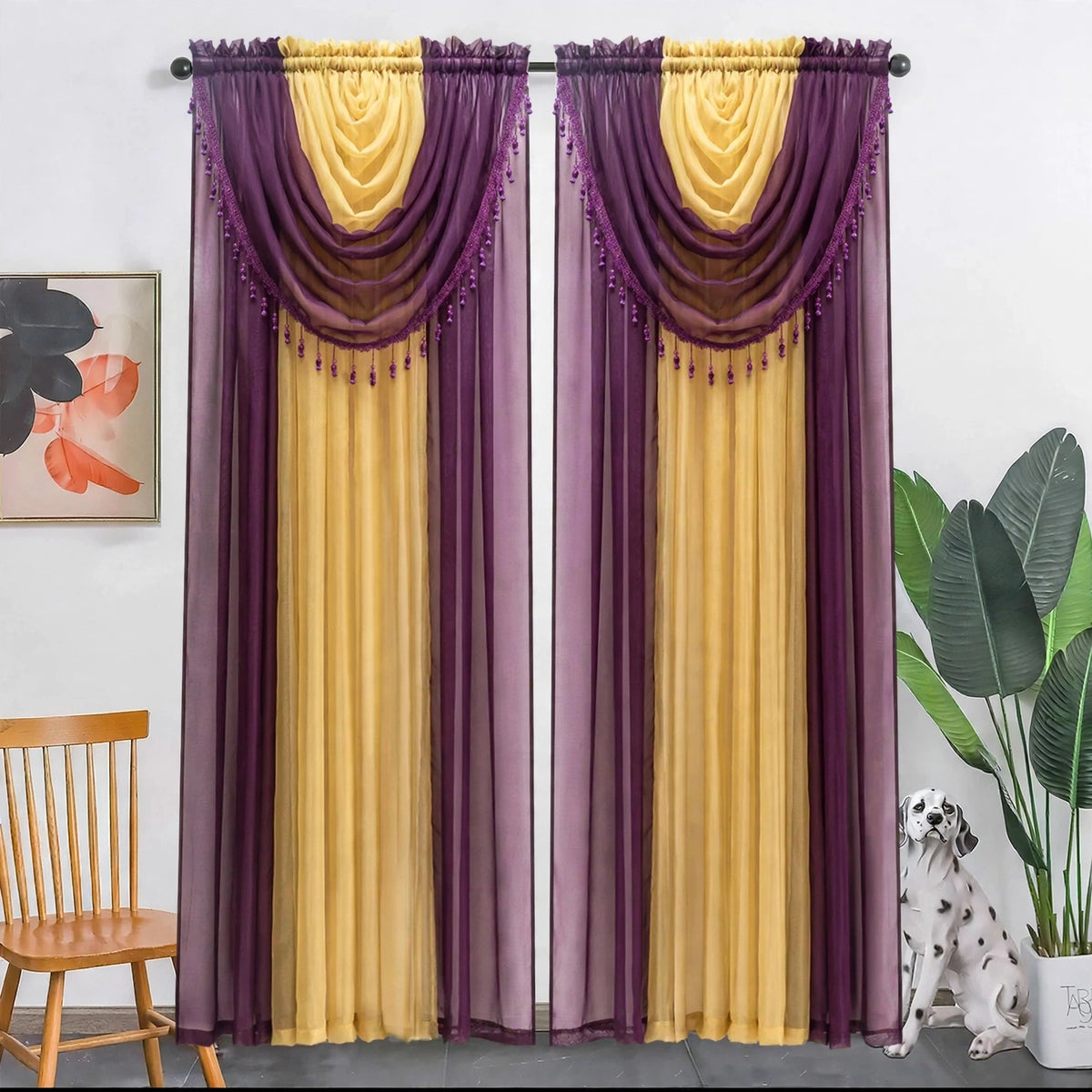 Ensemble de 2 rideaux voilage ombré avec cantonnière drapée – 54× 84 po