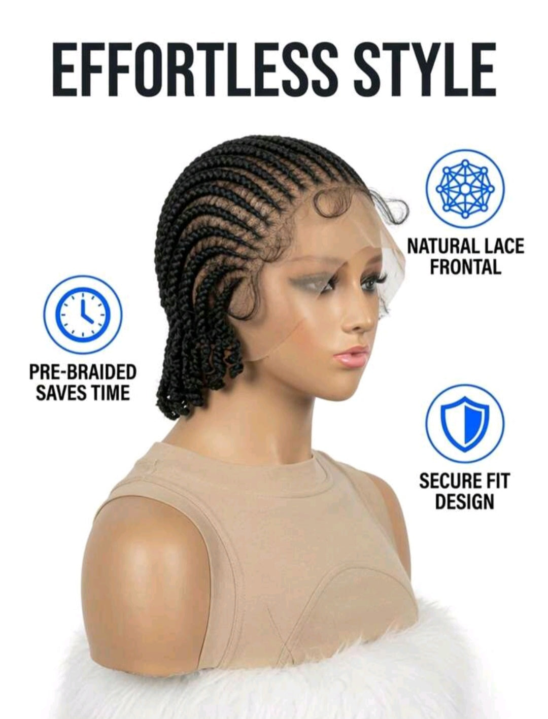Perruque tressé prête à porter, en dentelle frontale HD transparent avec bonnet en maille respirant et réglable. Longueur "8 inch